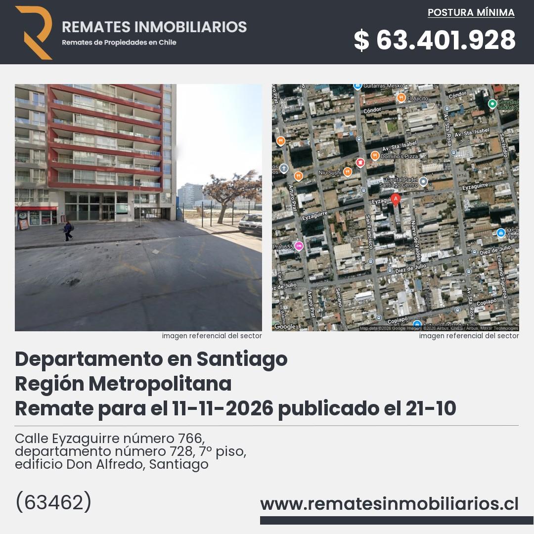 Imagen ficha Calle Eyzaguirre número 766, departamento número 728, 7º piso, edificio Don Alfredo, Santiago