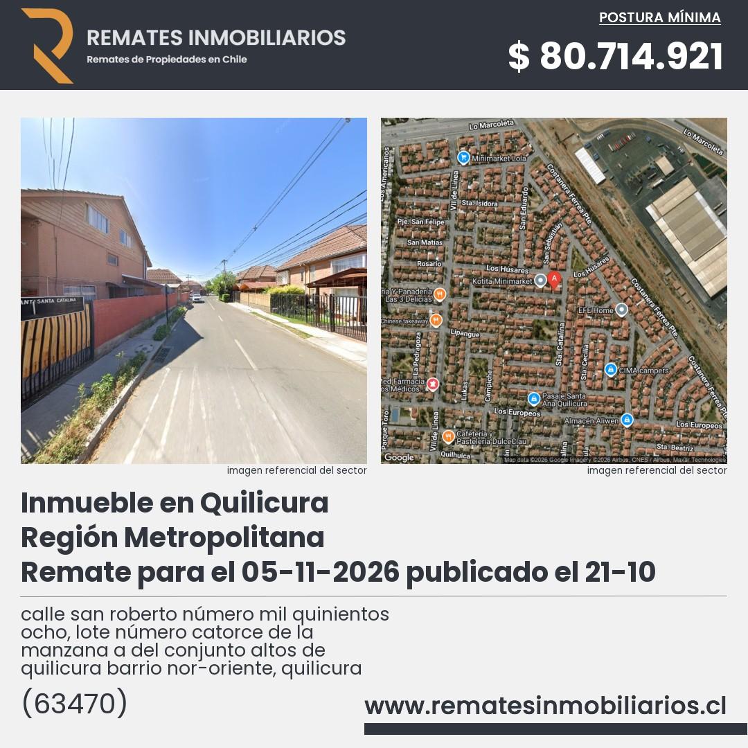 Imagen ficha calle san roberto número mil quinientos ocho, lote número catorce de la manzana a del conjunto altos de quilicura barrio nor-oriente, quilicura